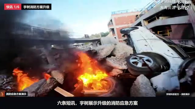 Robot dogs equipped with firefighting gear participating in reconnaissance and fire suppression demos