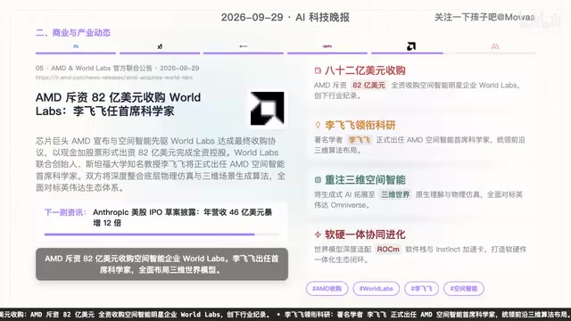 AMD宣布斥资82亿美元收购World Labs