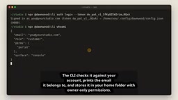 After login, whoami confirms the status; Node 18 or higher is required to run