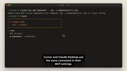 Cursor and Claude Desktop use the same command, with config written into their respective MCP settings