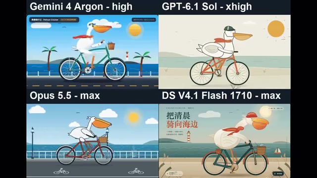 Comparison of DeepSeek V4.1 Flash's SVG output of a pelican riding a bicycle