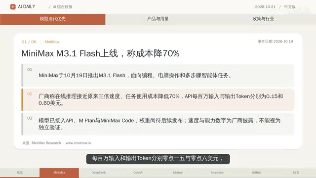 DeepSeek开源推理框架,MiniMax M3.1 Flash成本降70%|AI日报