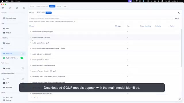 Model library indexing public GGUF repositories, with search by name