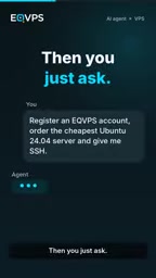 It signs up, picks a plan, and orders the server, paid from your prepaid balance.