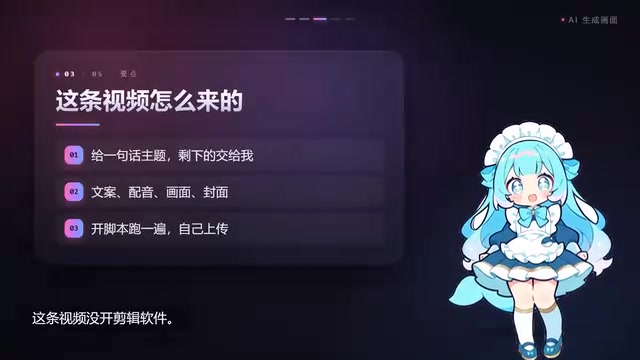 给一句话主题，文案，配音，画面，封面全交给脚本，跑一遍，自己上传