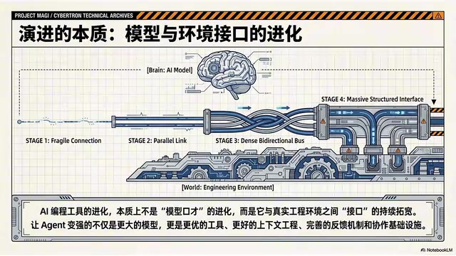 AI编程工具的进化,本质上不是模型口才的进化,而是它跟真实工程环境之间这根接口的进化,这件事对整个agent技术特别重要,它告诉我们,让agent变强的,从来不只是更大的模型,更关键的是更好的工具,更