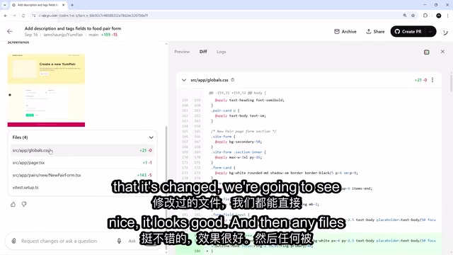 Codex displays all code changes in diff format