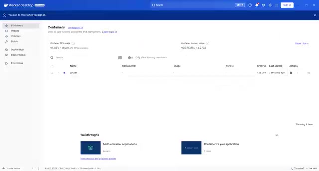 Docker Desktop interface after installation