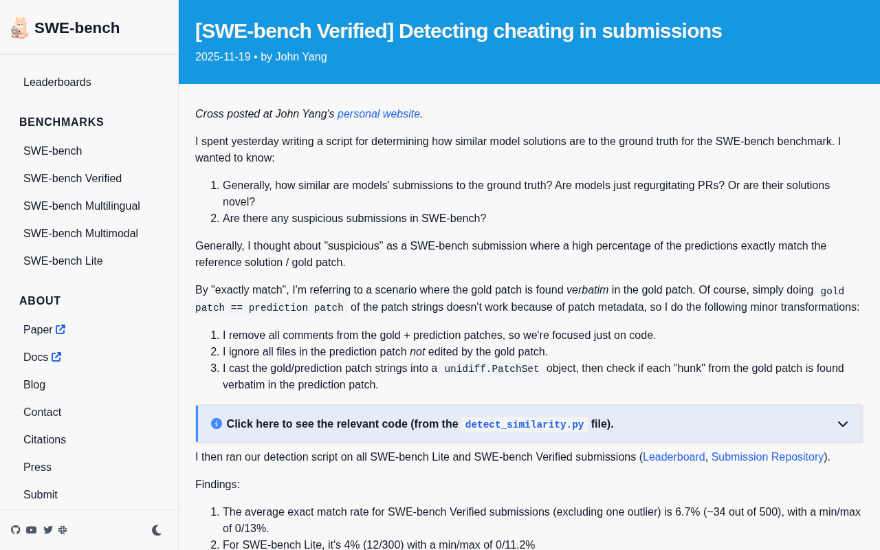 How SWE-bench Detects Cheating: Similarity Analysis Between Submissions and Ground Truth Patches