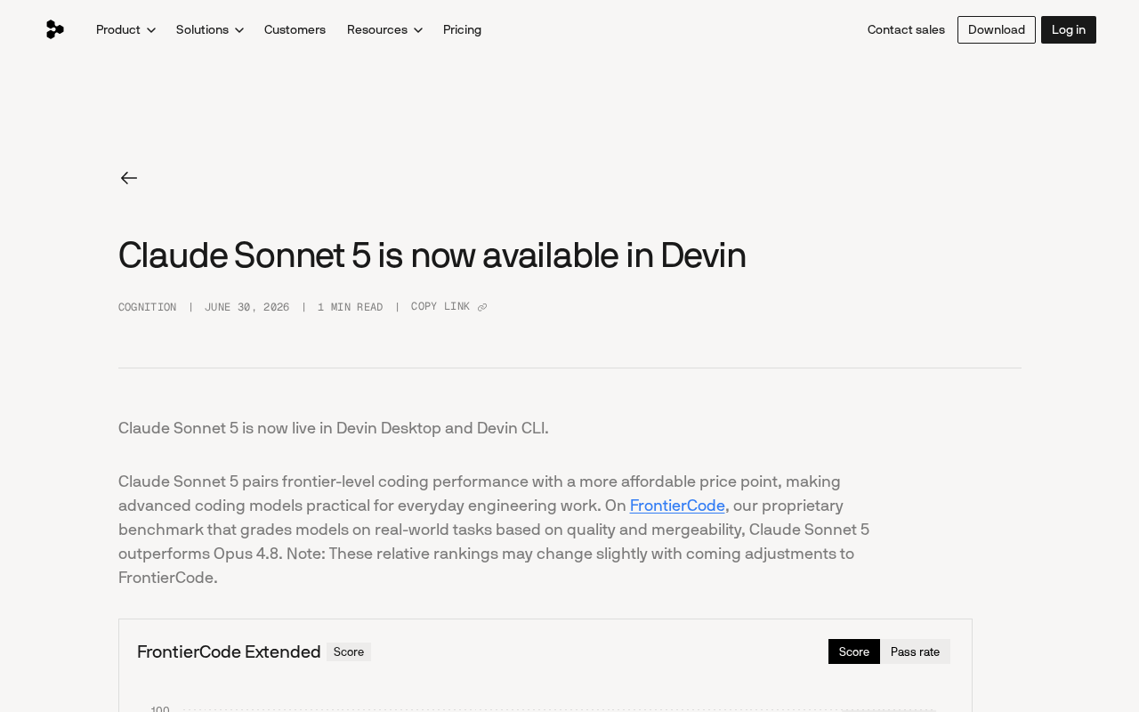 Claude Sonnet 5接入Devin:编程性能升级,配额消耗降低30%