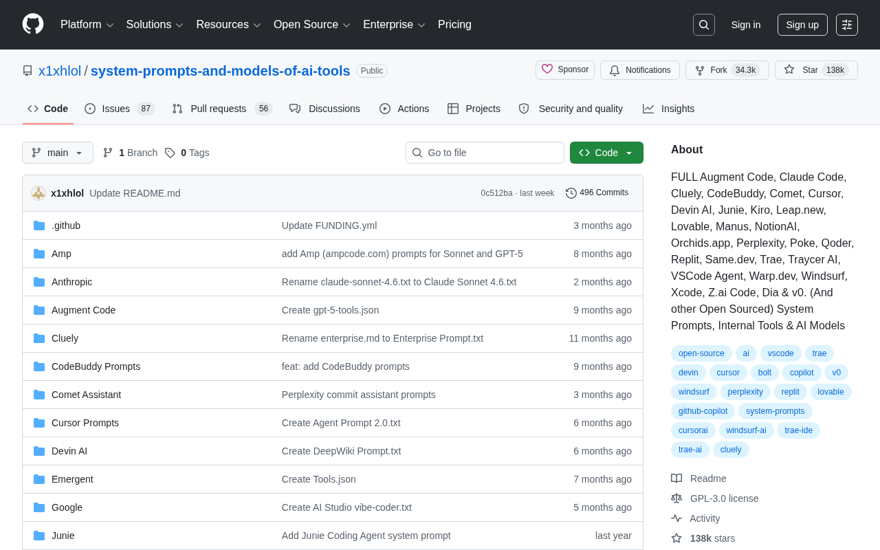 130K-Star Open Source Project: Complete Collection of System Prompts from 30 AI Tools