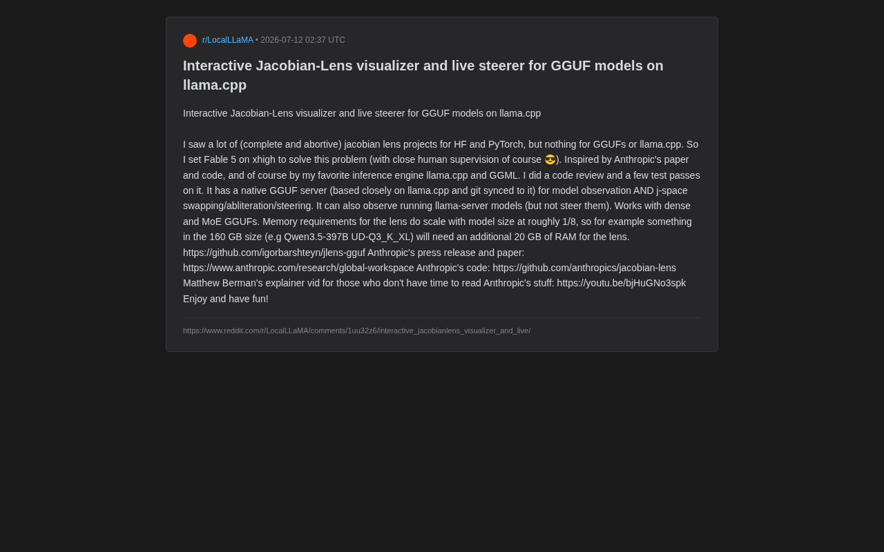 jlens-gguf: Bringing Jacobian Lens Visualization and Steering to llama.cpp Local LLMs