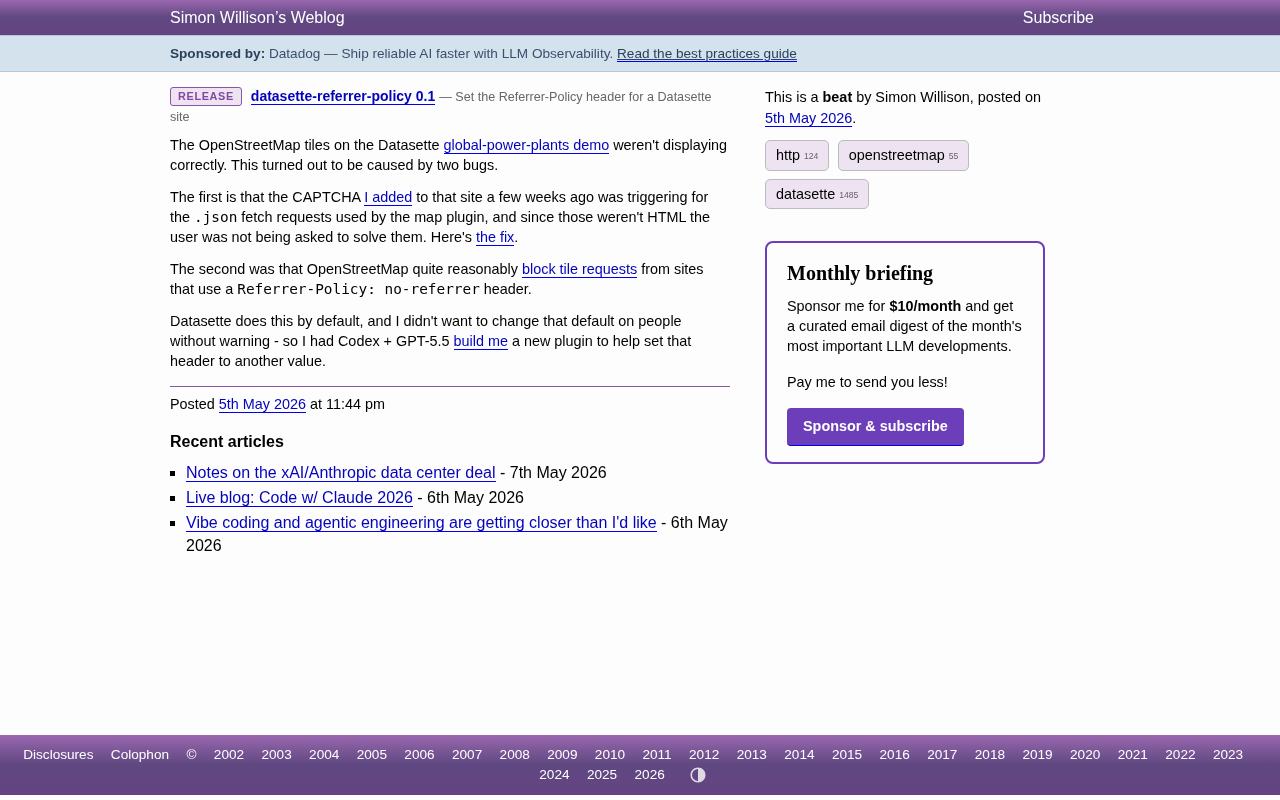 Simon Willison's Full Process of Fixing a Datasette Map Bug with GPT-5.5 + Codex