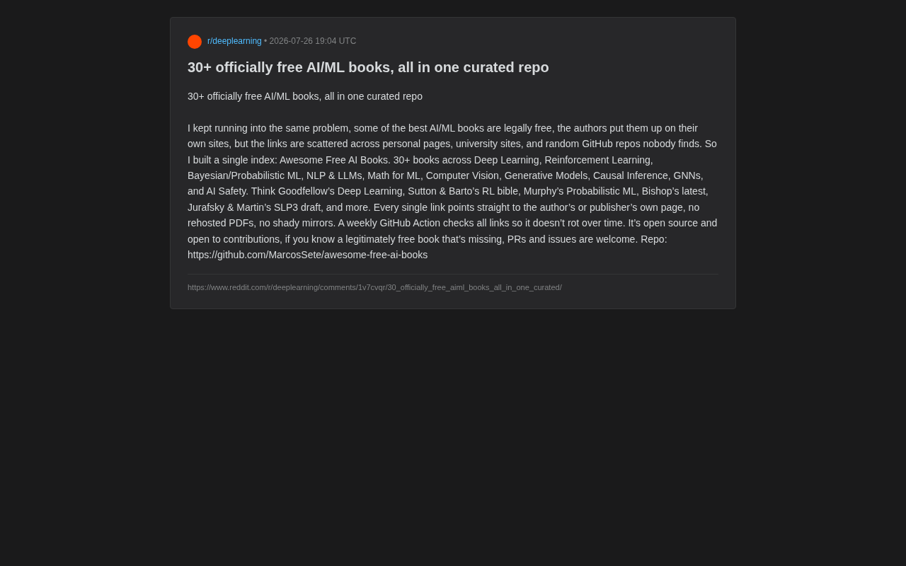 30+本免费AI/ML经典书籍推荐:一个GitHub仓库全收录
