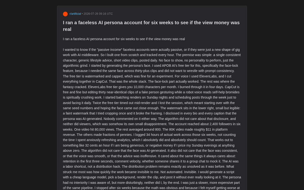 Six-Week AI Persona Account Experiment: The Truth Behind "Passive Income" at $0.32/Hour