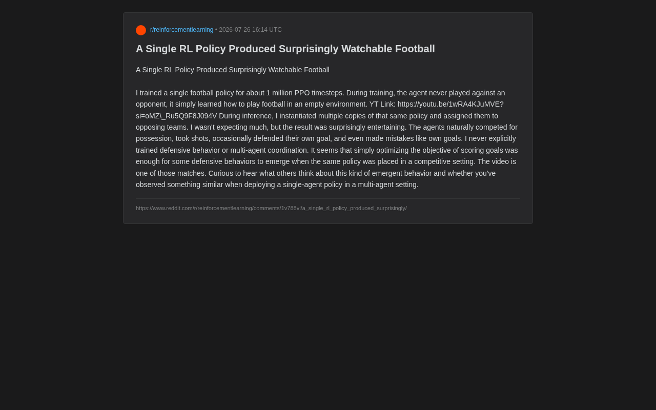 How a Single RL Policy Spontaneously Produces Adversarial Soccer Behavior