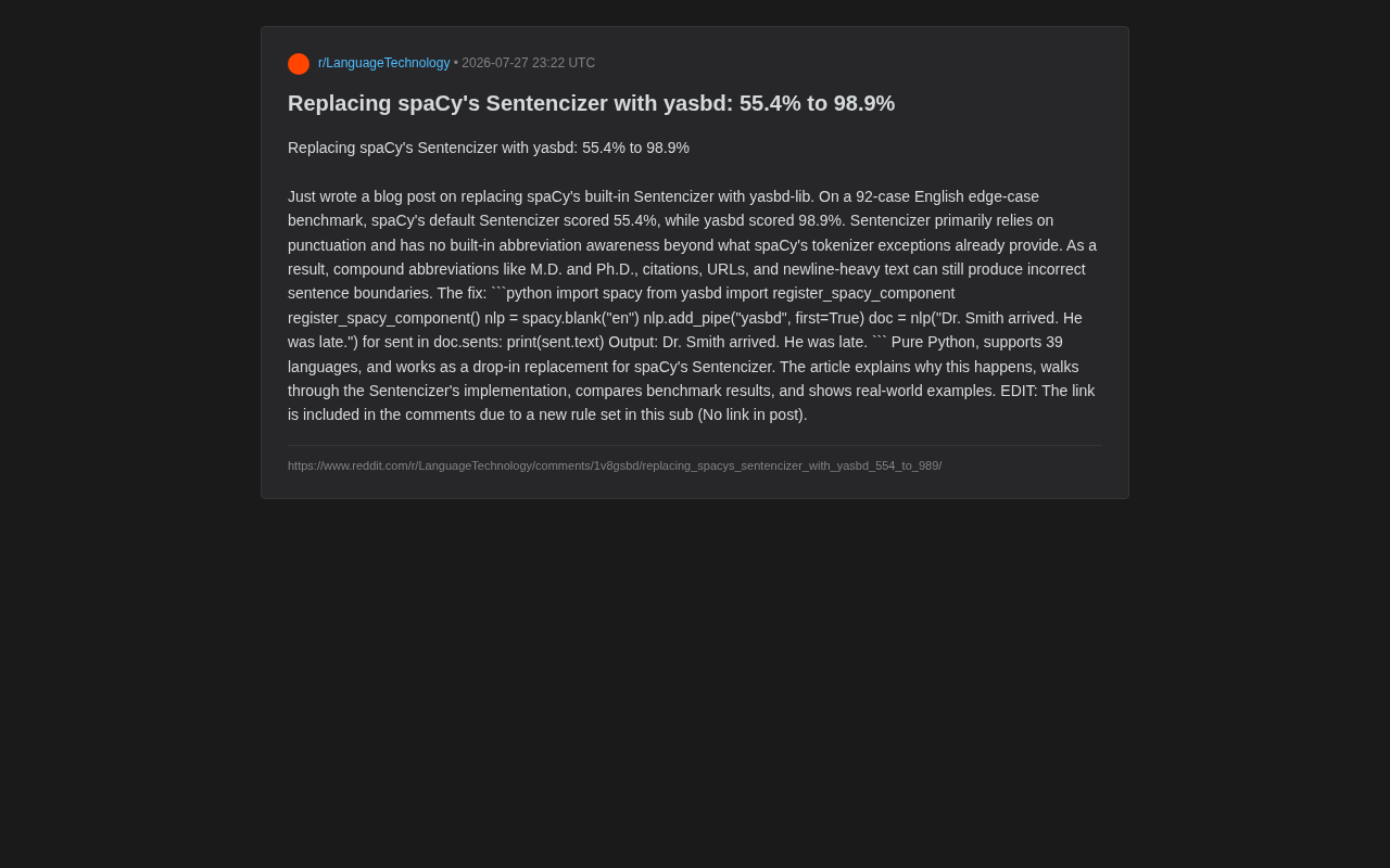 yasbd替换spaCy分句器:准确率从55%飙升至98.9%