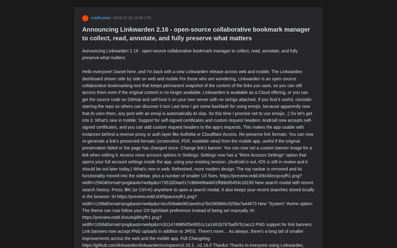 Linkwarden 2.16发布:开源书签管理的永久存档利器