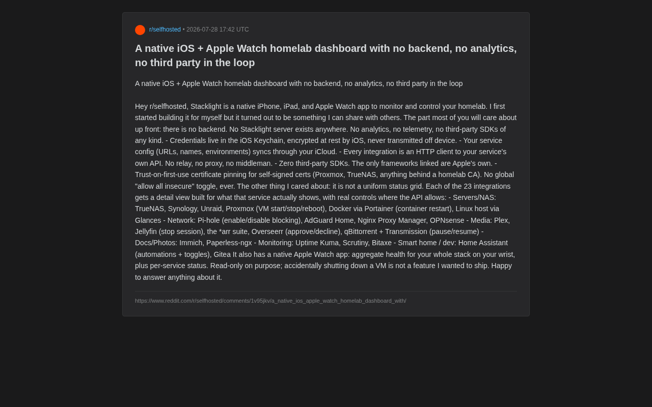 Stacklight: A Deep Dive into the Zero-Backend Native iOS Homelab Monitoring App