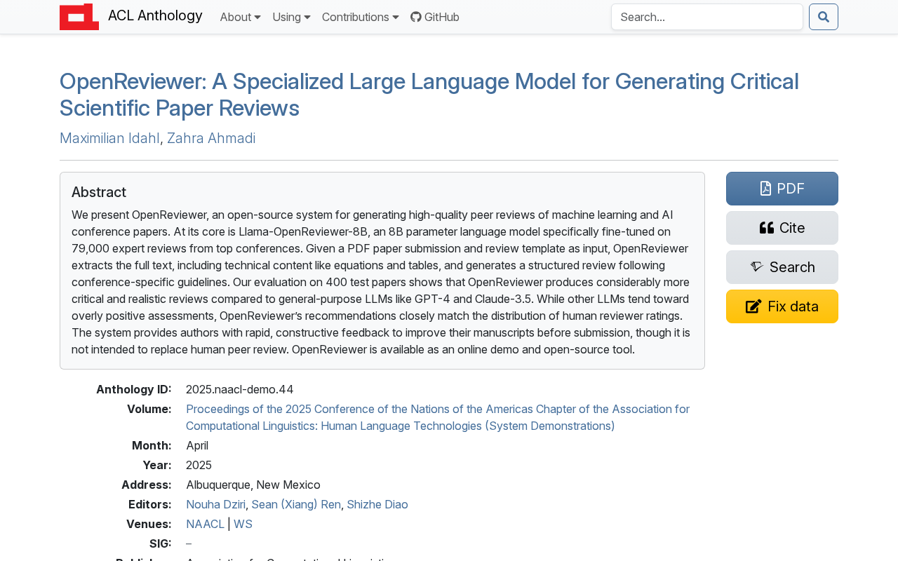OpenReviewer: An Open-Source LLM Built Specifically for Scientific Paper Review