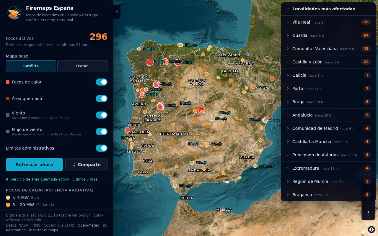 Firemaps Spain:结合风向流场的实时野火监测地图