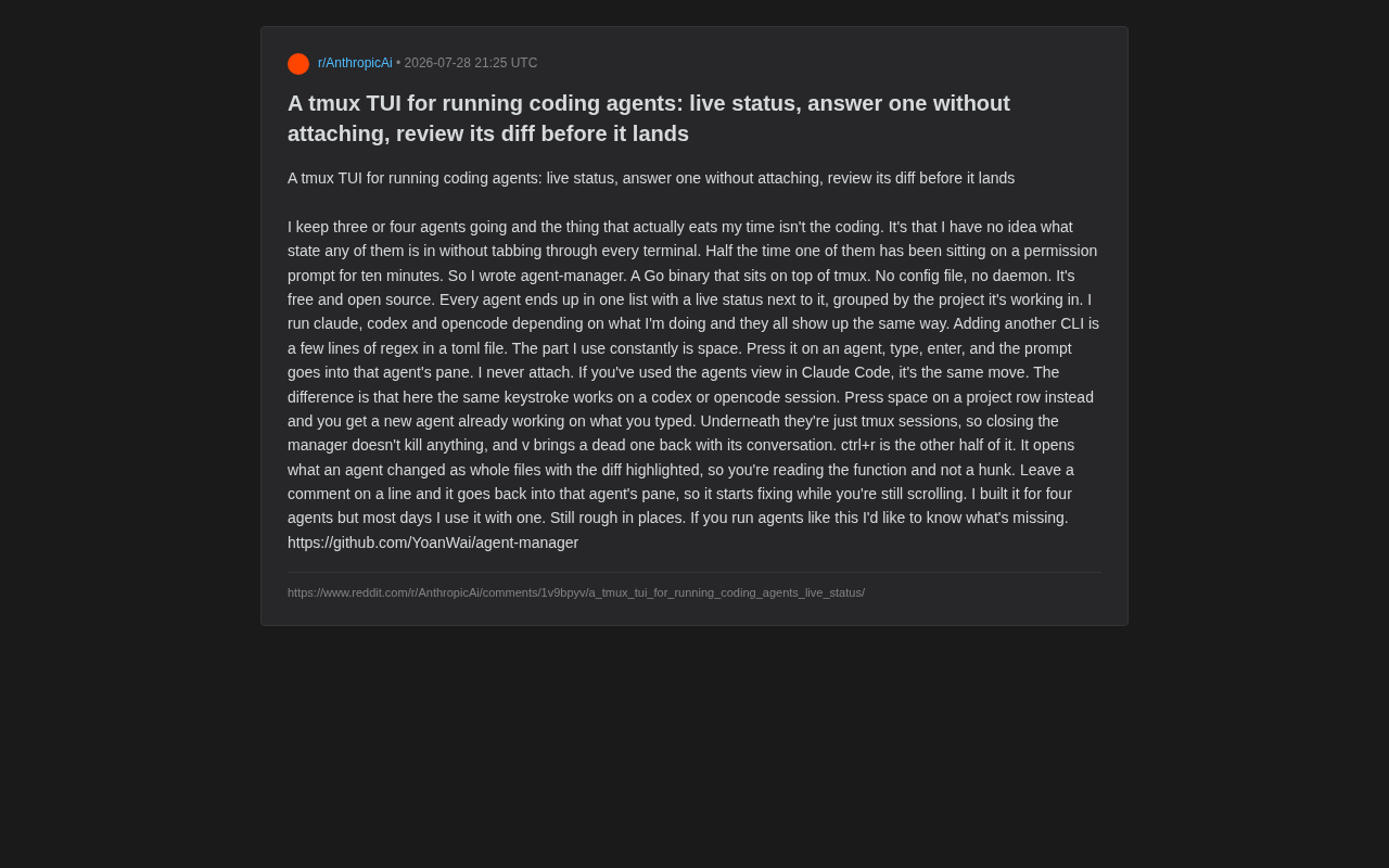 agent-manager: An Open-Source Tool for Managing Multiple AI Coding Assistants with tmux