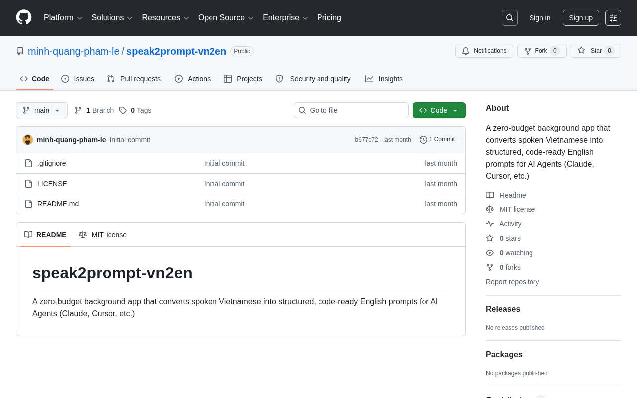 github source: minh-quang-pham-le/speak2prompt-vn2en: A zero-budget background app that converts spoken Vietnamese
