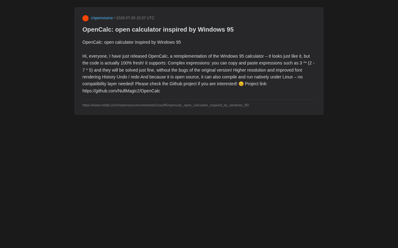 OpenCalc:开源复刻Windows 95计算器,修复Bug支持跨平台