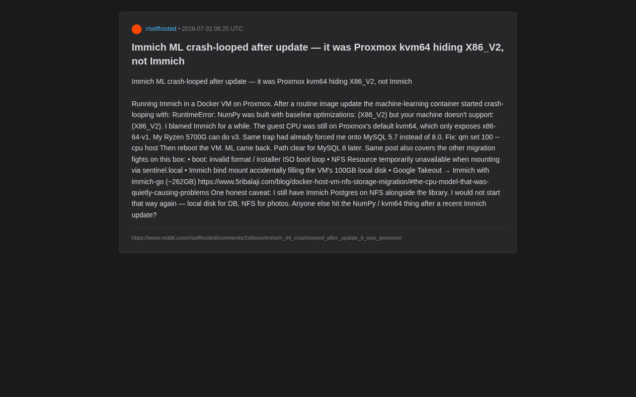 Proxmox默认CPU型号kvm64导致Immich崩溃的解决方案