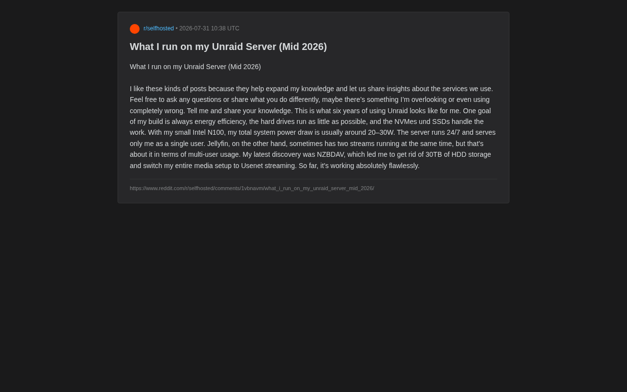 20W Home Server: Unraid Self-Hosting and Usenet Streaming in Practice