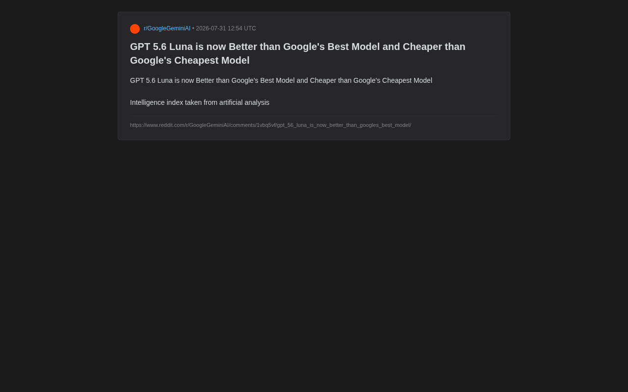 GPT 5.6 Luna:性能超越Google最强模型,价格低于最便宜模型