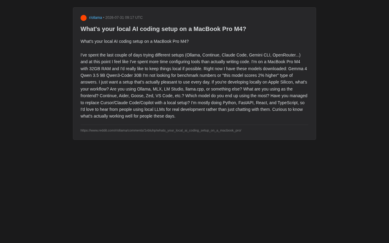 Practical Guide to Setting Up a Local AI Coding Environment on MacBook Pro M4