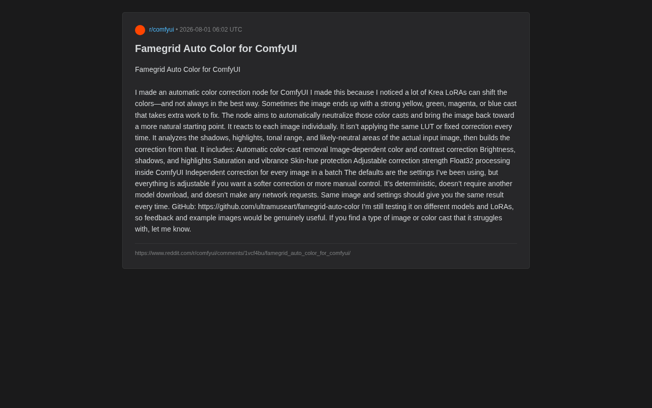 Famegrid Auto Color: A ComfyUI Node for Automatic Color Correction to Fix LoRA Color Cast Issues