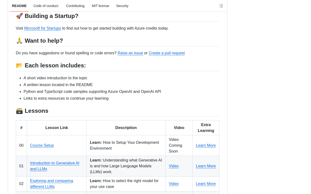 github source: microsoft/generative-ai-for-beginners: 21 Lessons, Get Started Building with Generative AI
