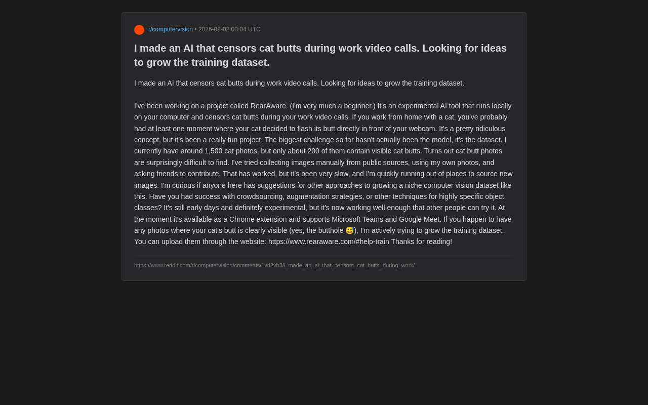 RearAware: A Local AI That Blurs Cat Butts Reveals the Dataset Dilemma