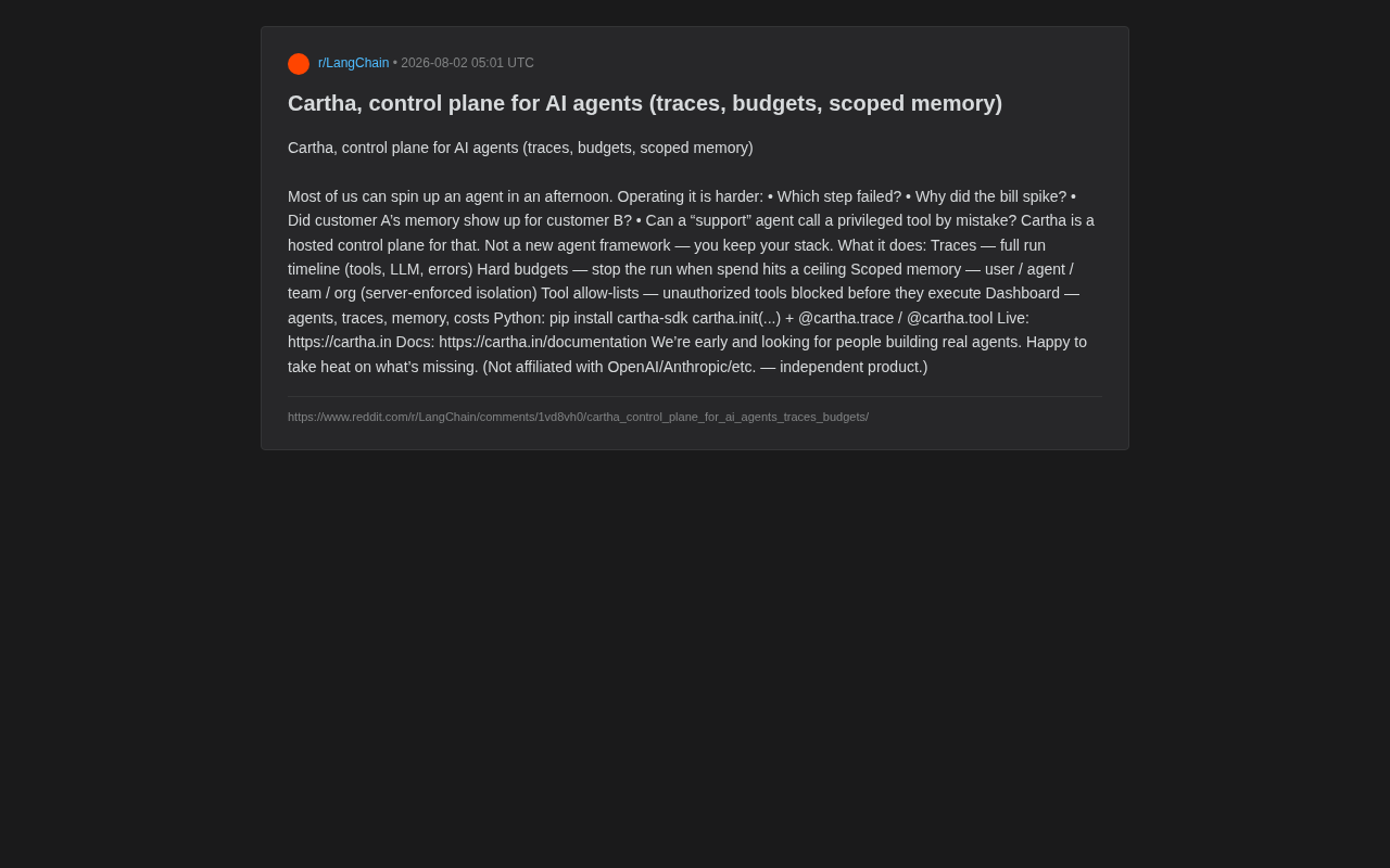 Cartha:AI Agent运维控制平面,解决可观测性与成本控制难题