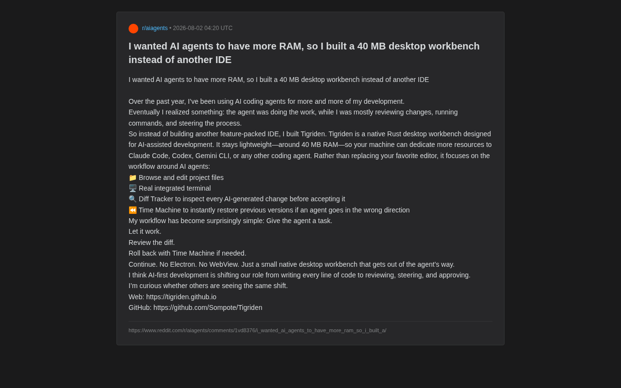 Tigriden: A 40MB Lightweight AI Development Workbench Redefining Human-AI Collaboration