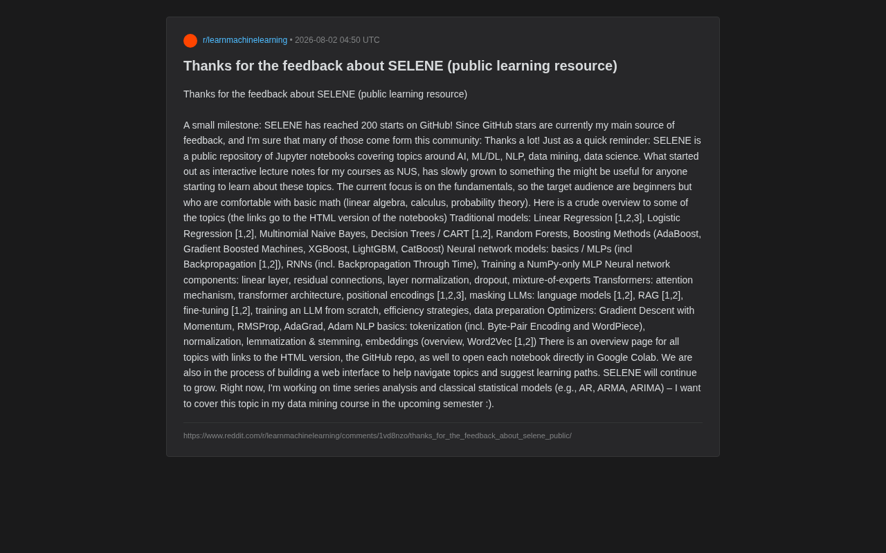 SELENE Open-Source Project: An Interactive Notebook Library for Systematically Learning AI and Machine Learning from Scratch