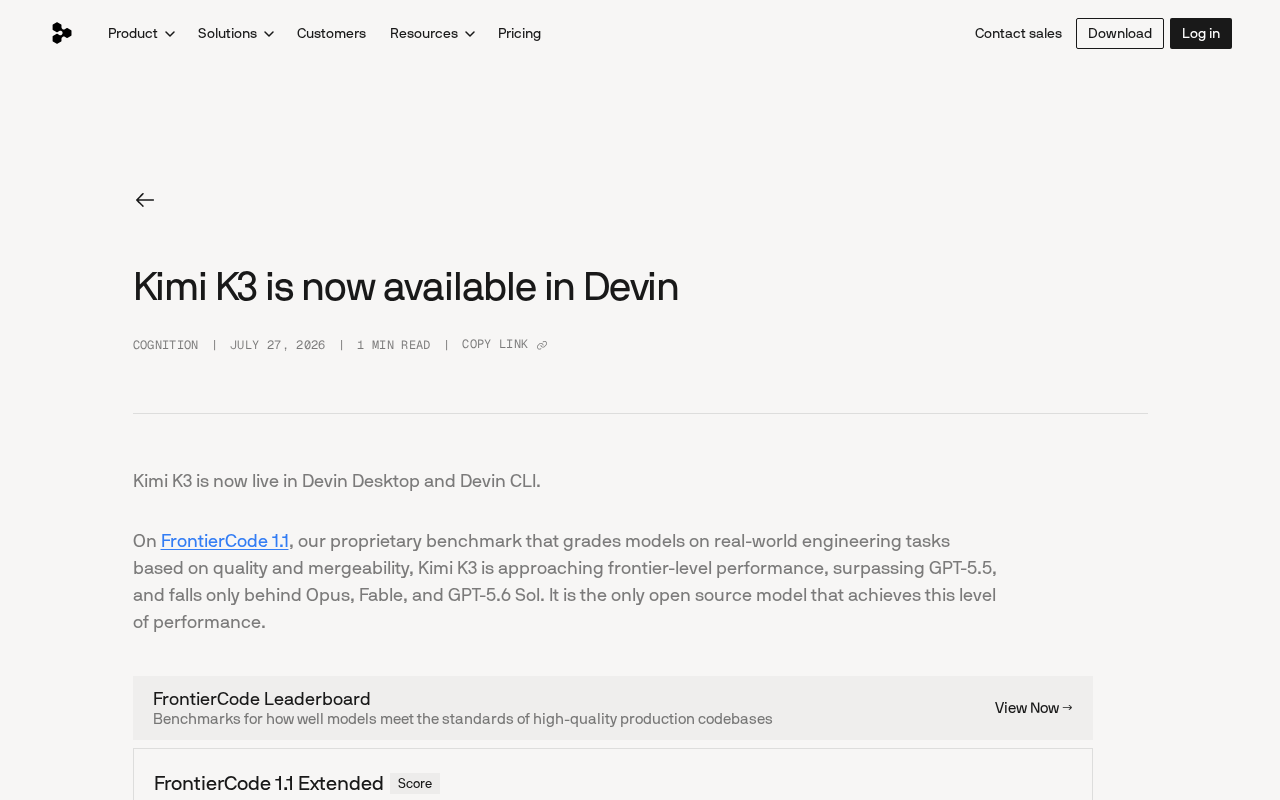 Kimi K3 Integrates with Devin Platform: A Long-Horizon Coding Agent with Outstanding Debugging Capabilities