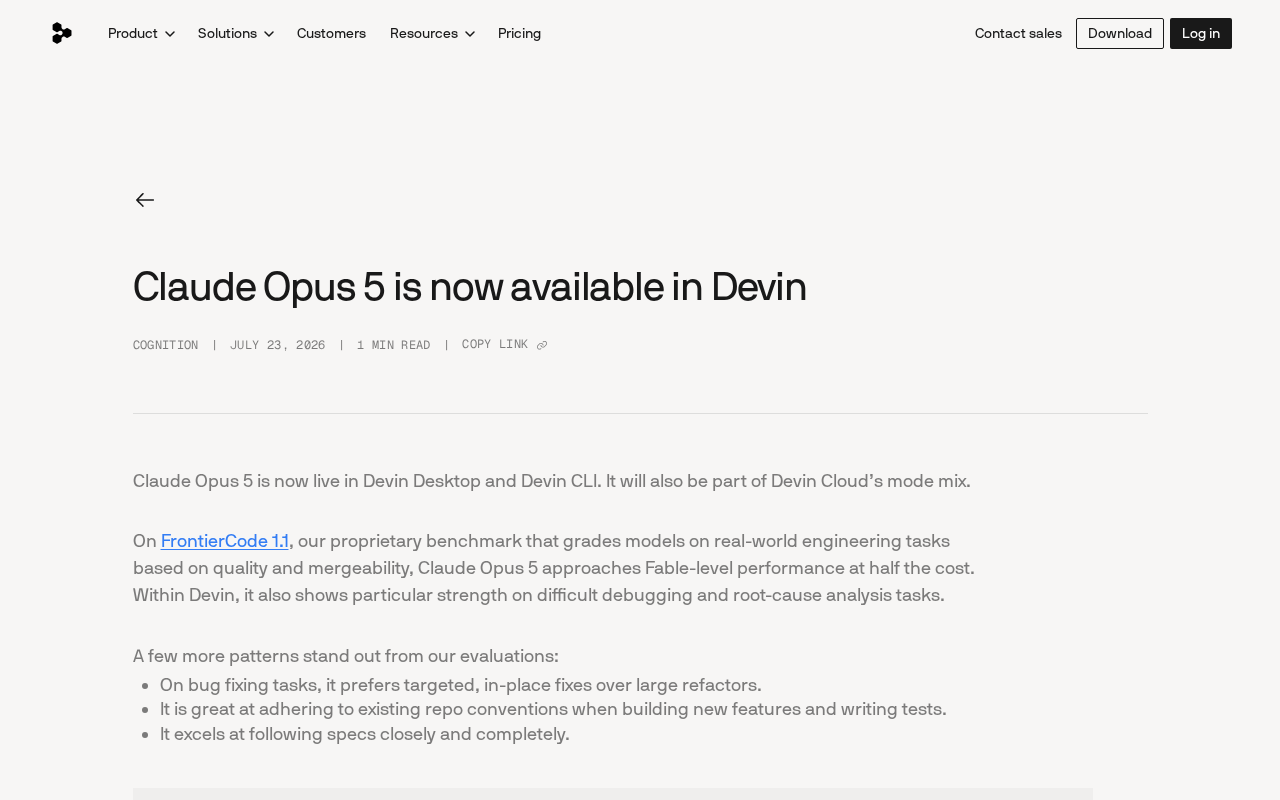 Claude Opus 5登陆Devin:性能媲美Fable成本减半