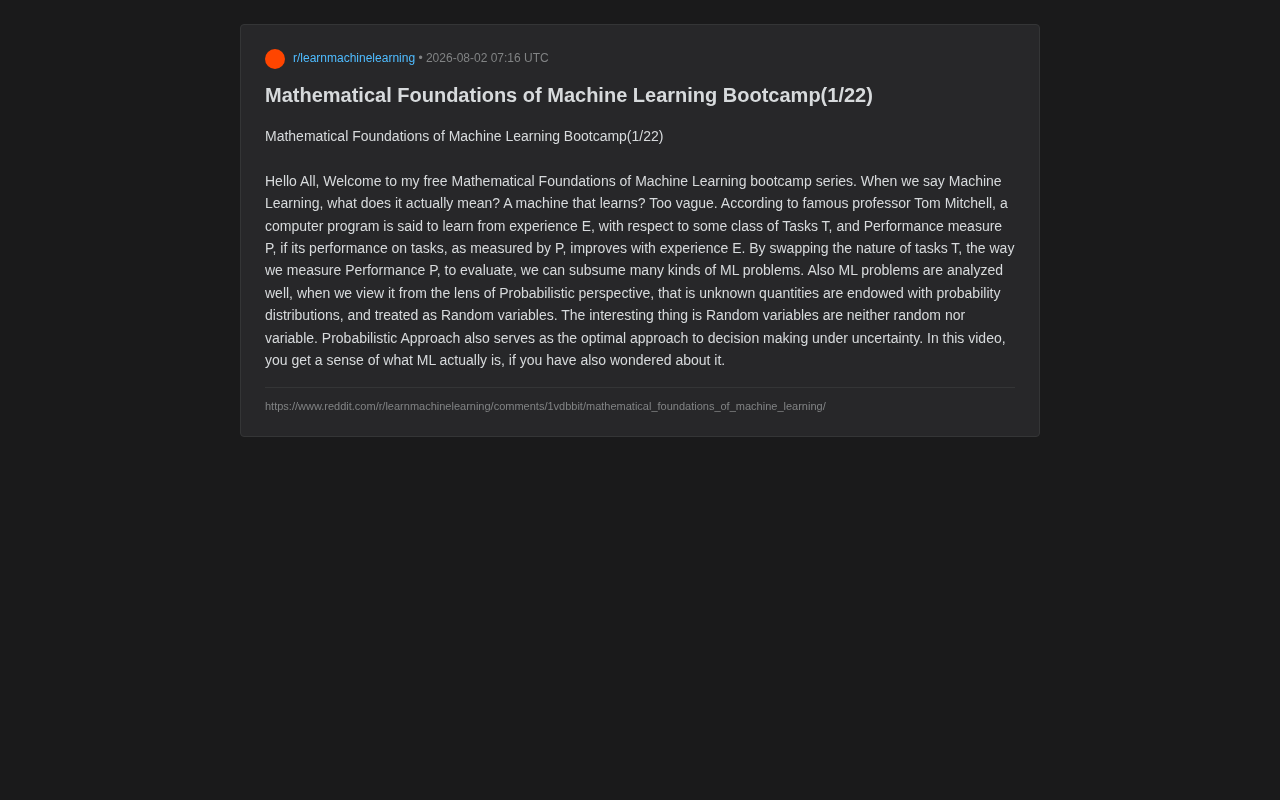 Mathematical Foundations of Machine Learning: A Complete Guide from Mitchell's Definition to the Probabilistic Perspective
