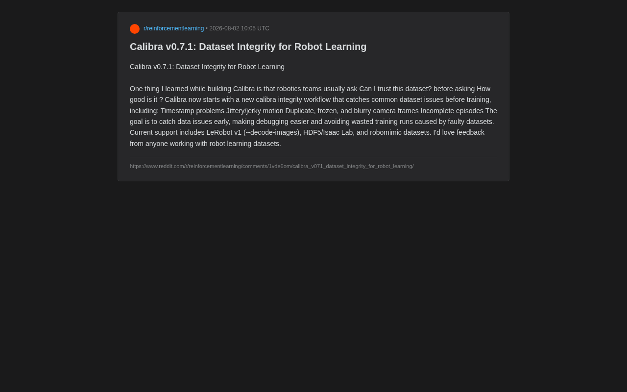 Calibra v0.7.1: A Detailed Guide to Pre-Training Data Integrity Detection for Robot Learning