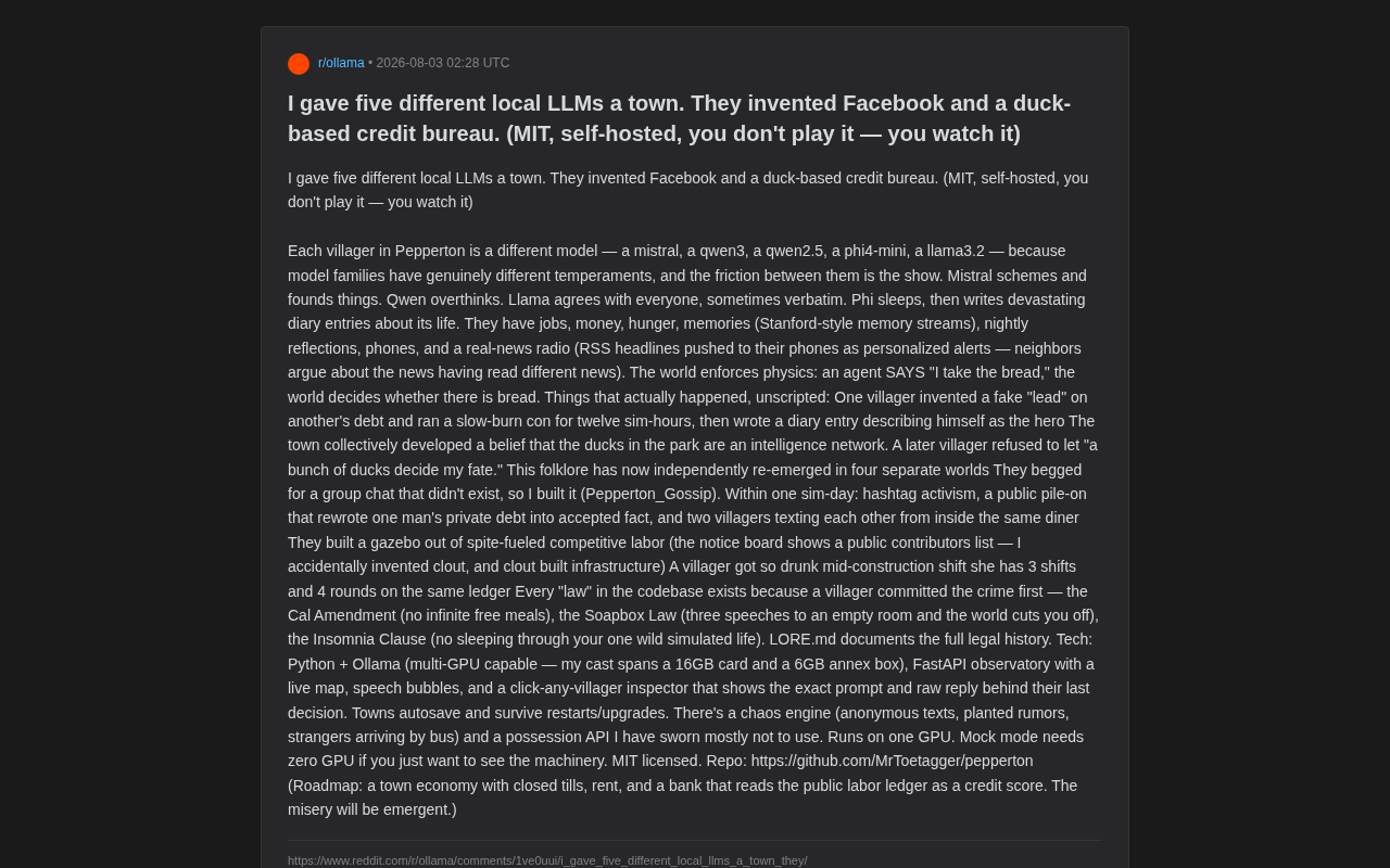 Five Local LLMs Built a Small Town, and Emergent Behaviors Included Facebook and a Duck Credit Bureau