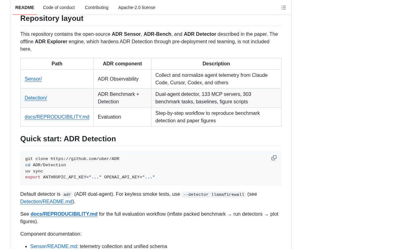 github source: uber/ADR: ADR secures enterprise AI agents through observability, security benchmarking, and threat 