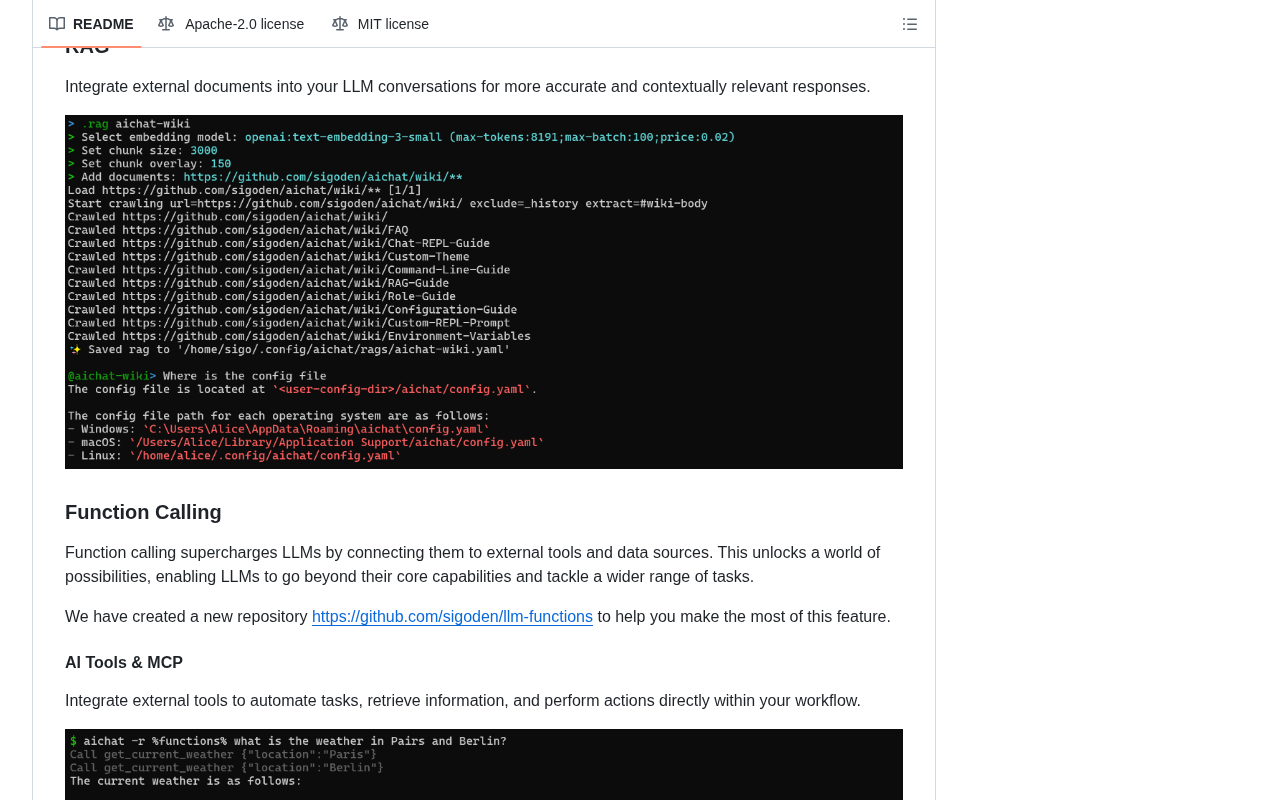 github source: sigoden/aichat: All-in-one LLM CLI tool featuring Shell Assistant, Chat-REPL, RAG, AI Tools & Agents
