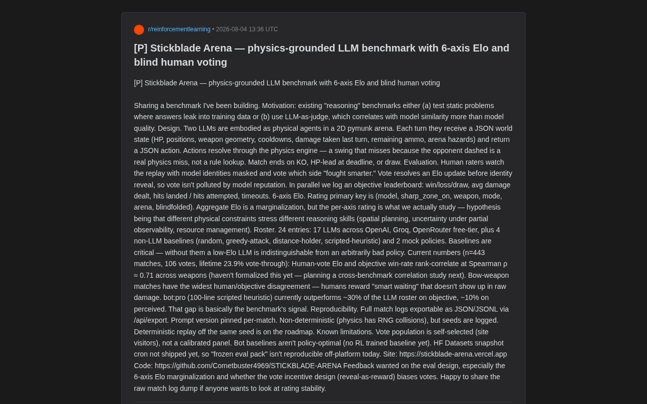 Stickblade Arena: A New Benchmark That Pits LLMs Against Each Other in a Physics-Based Combat Arena