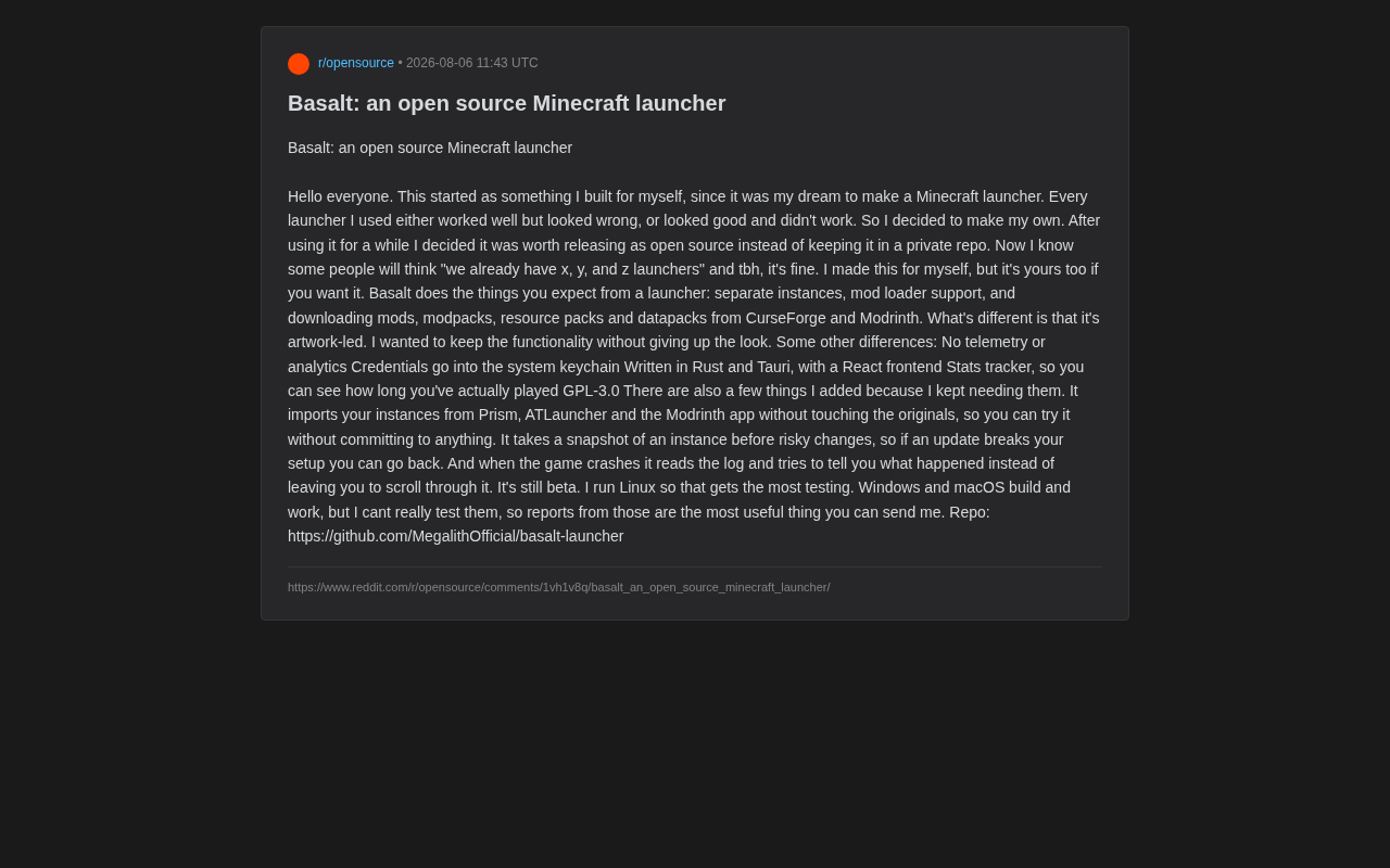 Basalt: An Open-Source Minecraft Launcher That Balances Beauty and Functionality