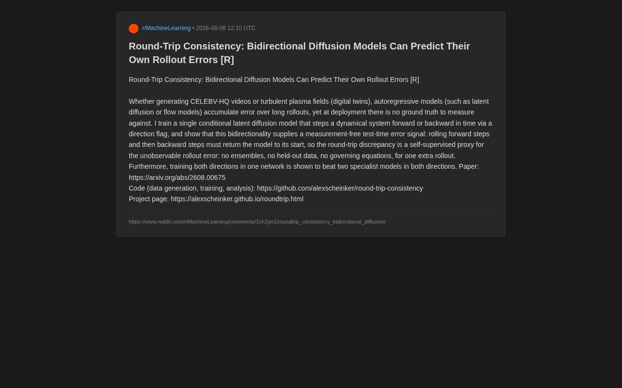 Round-Trip Consistency: A Self-Supervised Method That Lets Diffusion Models Predict Their Own Errors