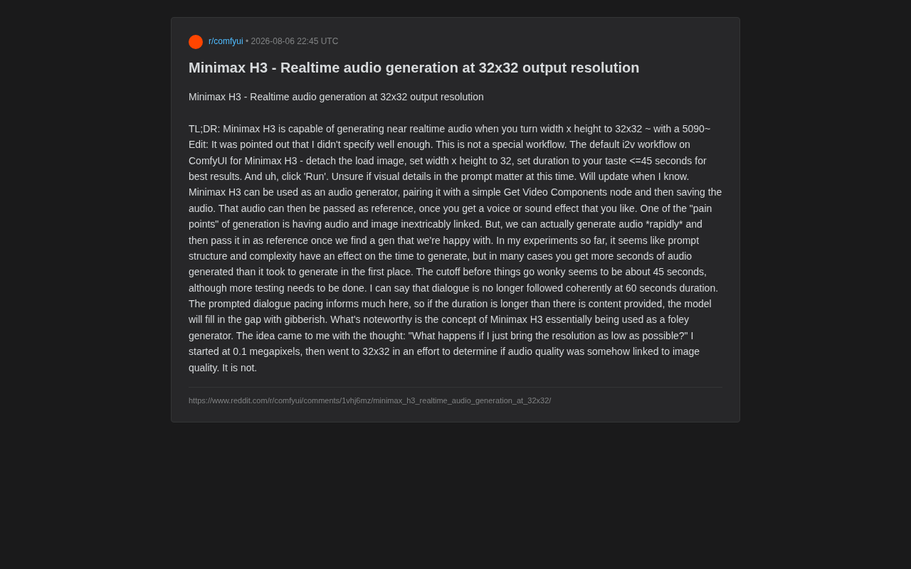 MiniMax H3 Low-Resolution Audio Generation Trick: Near Real-Time Sound Output at 32×32 Pixels
