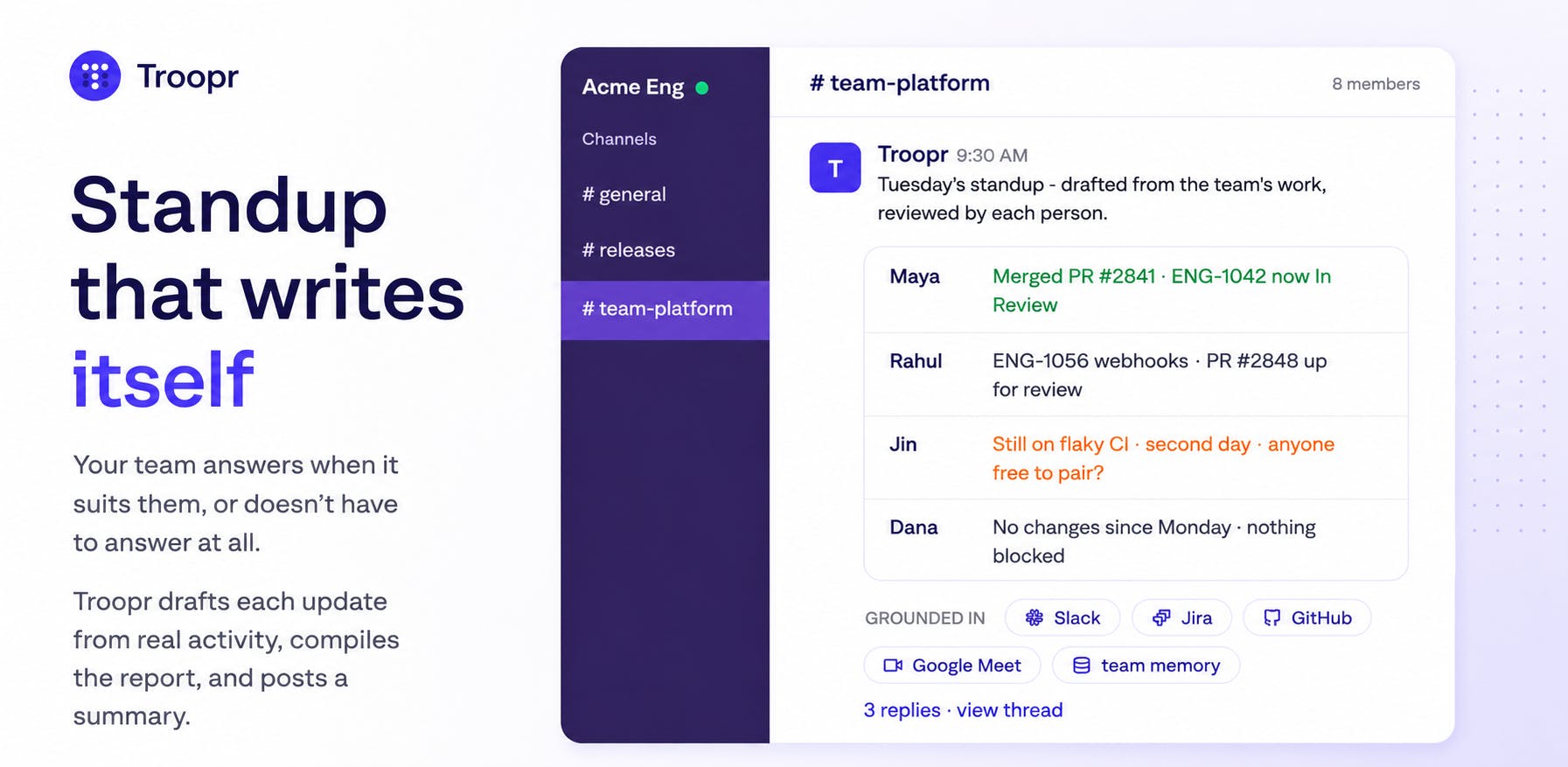 Troopr AI Scrum Master: Auto-Generating Standup Reports from Jira/GitHub Data
